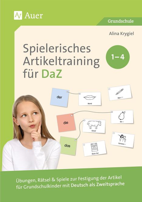 "Spielerisches Artikeltraining für DaZ", Grundschule. Mädchen denkt nach. Wortkarten mit Illustrationen: Mund, Bleistift, Birne.