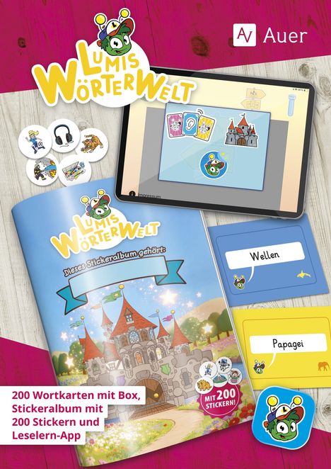 „LUMIS WÖRTERWELT“ und „200 Wortkarten mit Box, Stickeralbum mit 200 Stickern und Leselern-App.“ Bunte Illustrationen.