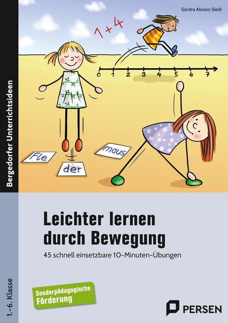 Text: "Leichter lernen durch Bewegung", "Fleder", "der", "maus", "1+4", "Sonderpädagogische Förderung". Illustration: Kinder spielen.