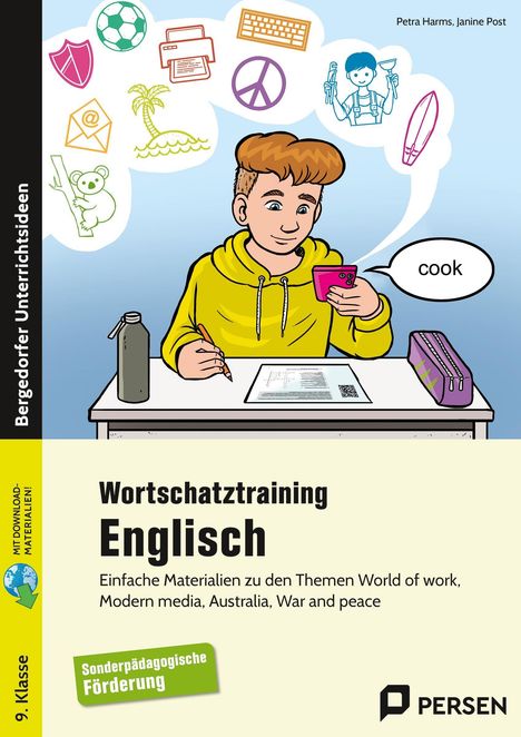 "Wortschatztraining Englisch", Junge studiert am Tisch mit Handy, Wörter wie "cook". Verschiedene Symbole im Gedankenballon.