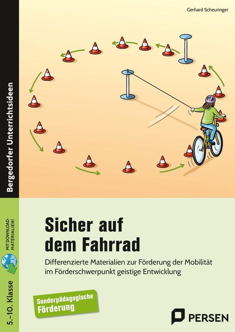 Titel: "Sicher auf dem Fahrrad". Illustration: Kind auf Rad navigiert durch Kegelparcours.
