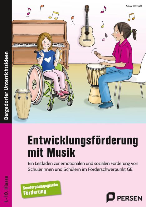 „Entwicklungsförderung mit Musik“ steht im Zentrum. Illustration von zwei Kindern musizierend. Ein Kind im Rollstuhl.