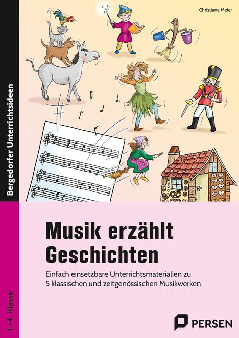 „Musik erzählt Geschichten“, Unterrichtsmaterialien zu Musikwerken. Illustration mit Märchenfiguren: Tiere, Hexe, Soldat.