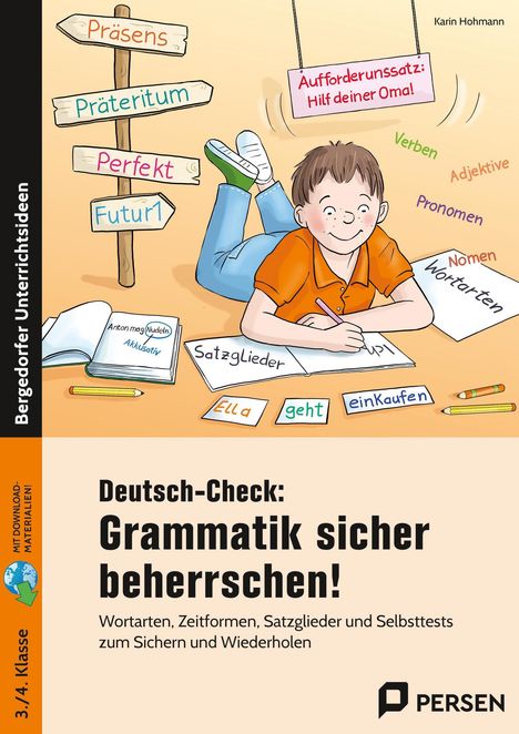 „Deutsch-Check: Grammatik sicher beherrschen!“ Illustration eines Jungen beim Lernen, umgeben von Grammatikbegriffen.