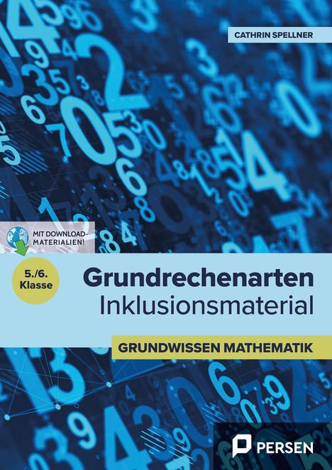 „Grundrechenarten Inklusionsmaterial“, „5./6. Klasse“, blaue Zahlencollage, PERSEN-Logo unten rechts.