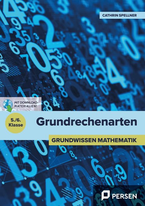 „Grundrechenarten“, „Grundwissen Mathematik“, „5./6. Klasse“, blaue Zahlen im Hintergrund.