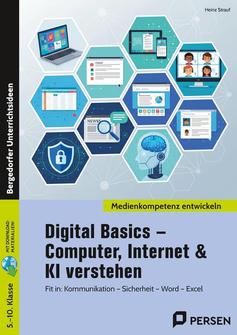 Texte auf Buchcover: "Digital Basics – Computer, Internet & KI verstehen". Bilder von Laptops, Diagrammen, Online-Meetings.