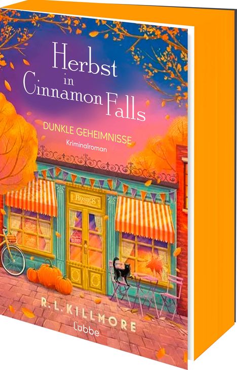 "Herbst in Cinnamon Falls. Dunkle Geheimnisse. Kriminalroman von R.L. Killmore. Illustration eines herbstlichen Straßencafés."