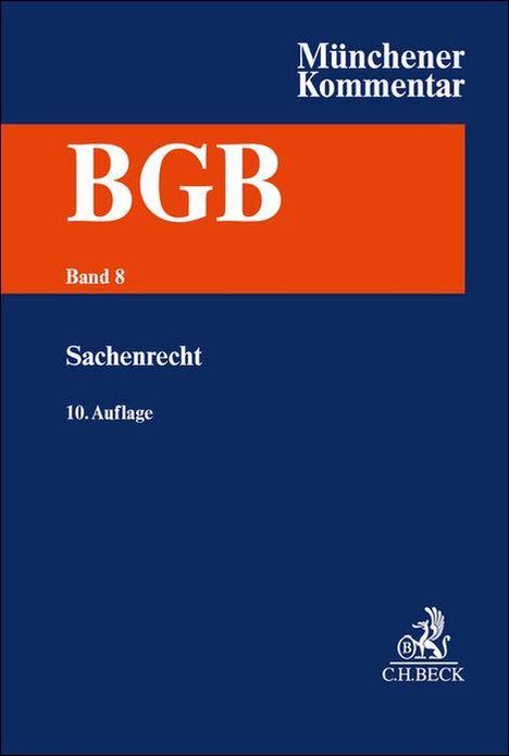 Text: "Münchener Kommentar", "BGB", "Band 8", "Sachenrecht", "10. Auflage". Blaues Cover mit orangem Element. 