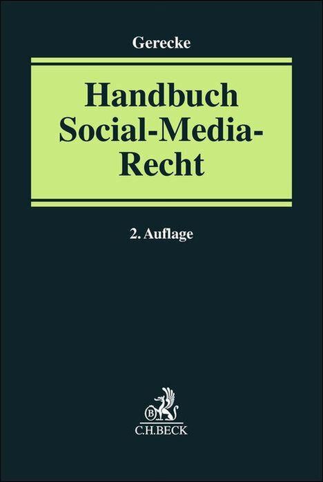 "Gerecke, Handbuch Social-Media-Recht, 2. Auflage". Dunkler Hintergrund mit grünem Textfeld und C.H. BECK Logo unten.