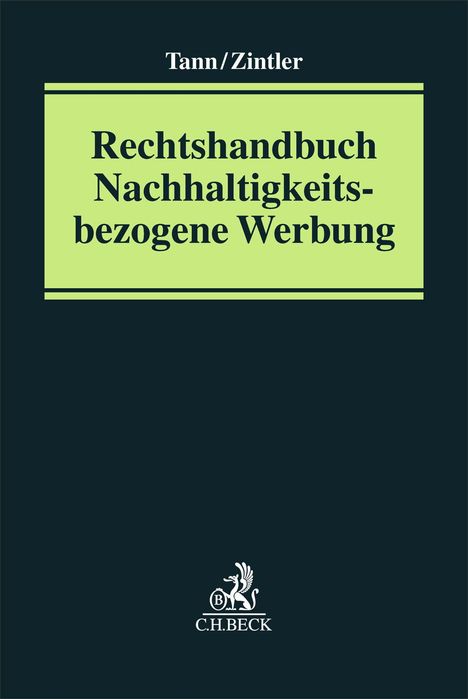"Tann/Zintler: Rechtshandbuch Nachhaltigkeitsbezogene Werbung." Dunkler Hintergrund mit grünem Textfeld. Unten Logo.