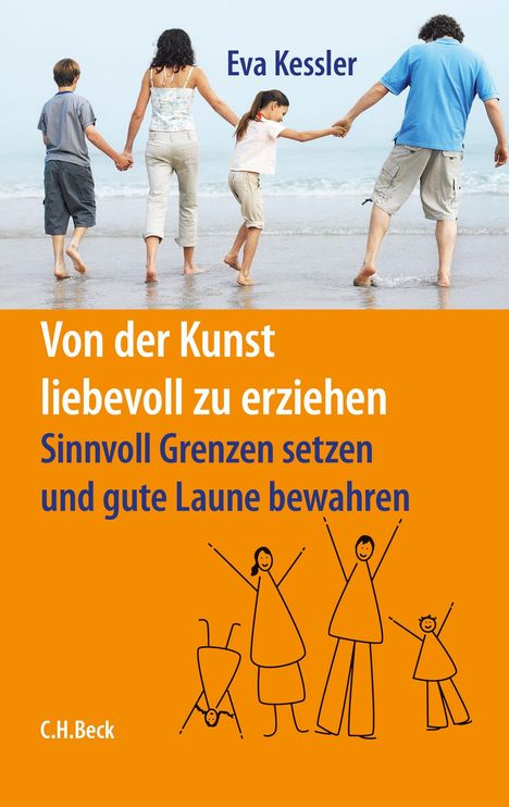 Ein Buchcover mit dem Titel "Von der Kunst liebevoll zu erziehen. Sinnvoll Grenzen setzen und gute Laune bewahren". Es zeigt eine Familie am Strand und eine kindliche Zeichnung darunter.
