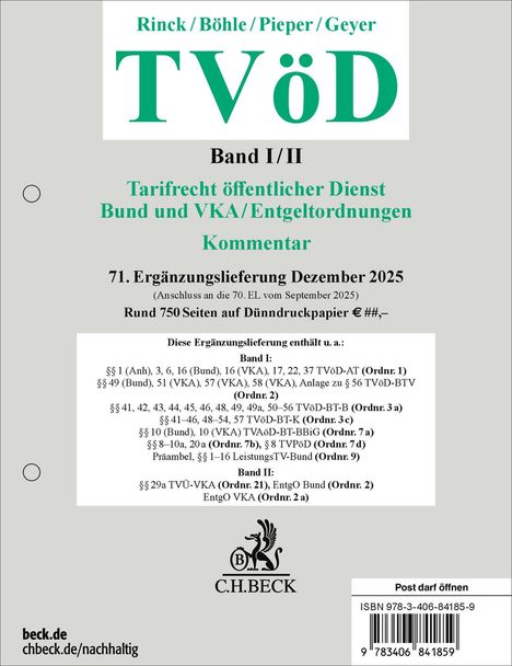 Rinck / Böhle / Pieper / Geyer, TVöD Band I/II, Tarifrecht öffentlicher Dienst, Dezember 2025. C.H. BECK Logo.