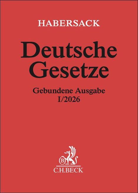 Titel: "Deutsche Gesetze". Autor: "HABERSACK". Ausgabe: "Gebundene Ausgabe I/2026". Unten ist ein C.H.BECK-Logo. Hintergrund: Rot.