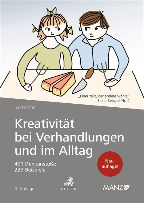 „Einer teilt, der andere wählt.“ Illustration: Zwei Personen, ein Stück Kuchen, Gabeln und Messer auf einem Tisch.