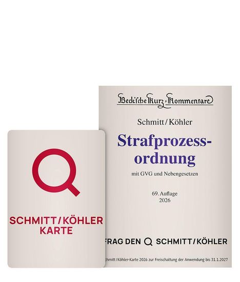 Text: Schmitt/Köhler Karte, Strafprozessordnung, mit GVG und Nebengesetzen. Zwei Buchcover in hellen Farben.