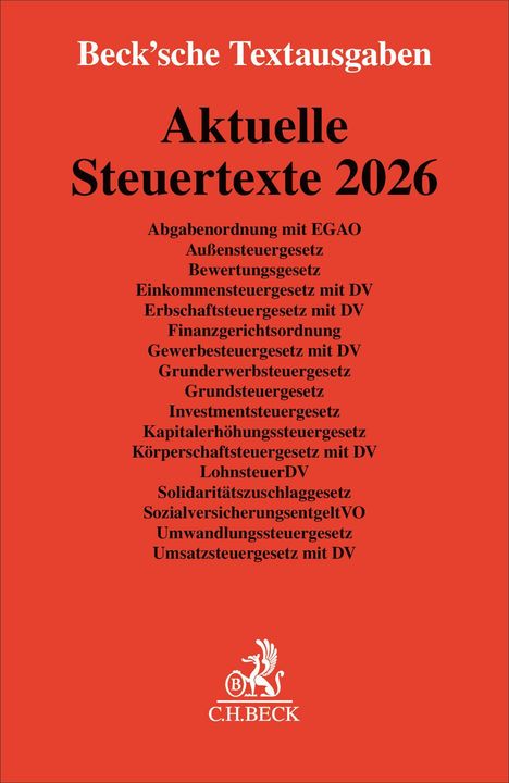 „Beck’sche Textausgaben: Aktuelle Steuertexte 2026.“ Liste von Steuergesetzen. Unten ein Logo mit B und einem Greif.