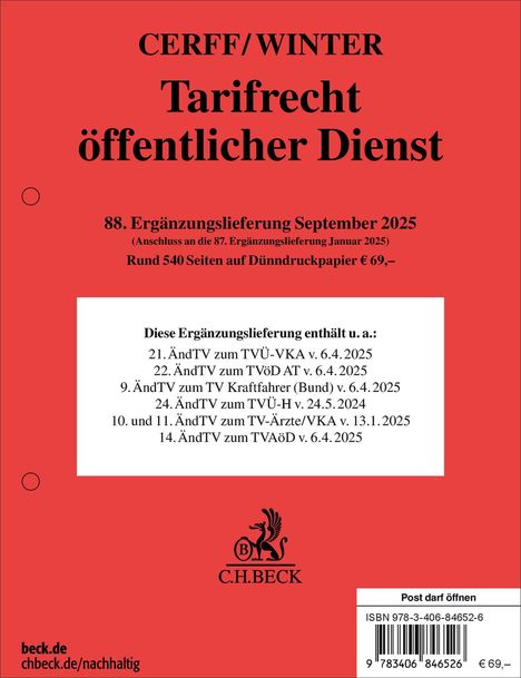 CERFF/WINTER: Tarifrecht öffentlicher Dienst, 88. Ergänzungslieferung Sept. 2025, ca. 540 Seiten, 69 €. Logo von C.H.BECK.