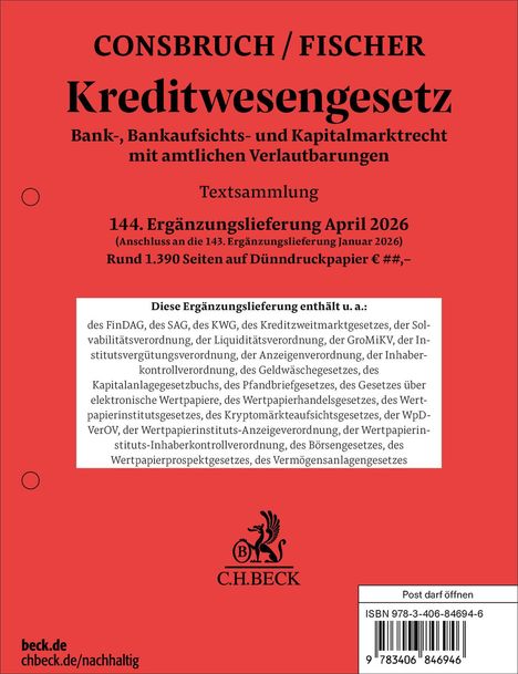 Consbruch/Fischer Kreditwesengesetz, Textsammlung 144. Ergänzung April 2026, rund 1.390 Seiten, C.H. Beck, rote Gestaltung.