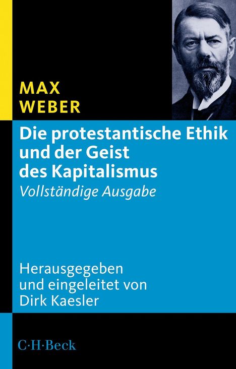 Cover des Buches „Die protestantische Ethik und der Geist des Kapitalismus“ von Max Weber, mit Bild eines Mannes.