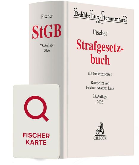 "StGB", "Strafgesetzbuch", "73. Auflage 2026", "Fischer Karte". Buch mit weißem Einband und roter Schrift.