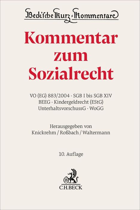 "Kommentar zum Sozialrecht" in großer roter Schrift, Verweise auf Gesetze, Herausgeber und "10. Auflage" darunter.