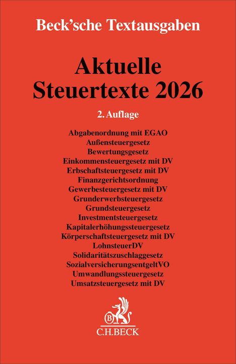 Titel: "Aktuelle Steuertexte 2026". Liste deutscher Steuergesetze. Logo unten: Greif mit Buchstaben "C.H.BECK". Roter Hintergrund.
