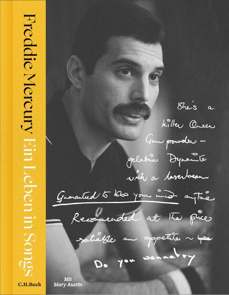 Texte: Freddie Mercury, Ein Leben in Songs, She's a Killer Queen. Schwarz-weiß Bild eines Mannes mit Schnurrbart.
