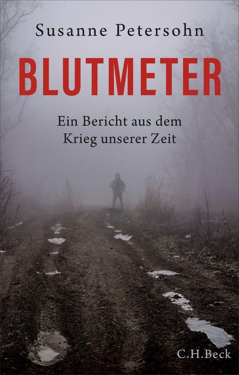 "Blutsmeter. Ein Bericht aus dem Krieg unserer Zeit" von Susanne Petersohn. Ein Soldat steht auf einem nebligen Weg.