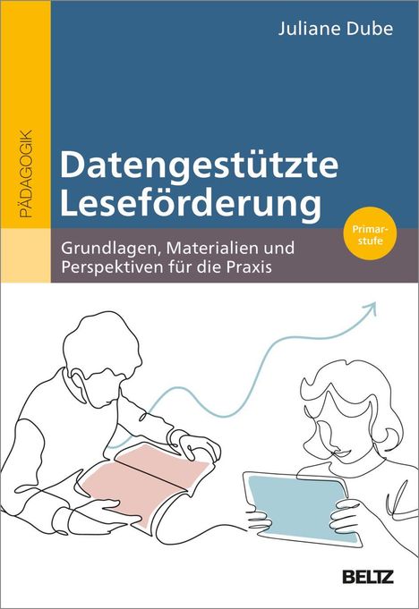 "Datengestützte Leseförderung" von Juliane Dube. Illustration von zwei Personen, eine mit Buch, eine mit Tablet.