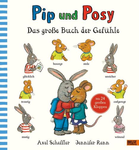 "Mit 24 großen Klappen"; "Pip und Posy"; "Das große Buch der Gefühle"; Illustrationen von bunten Tieren, die Emotionen zeigen.