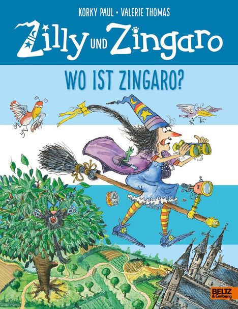 „Zilly und Zingaro“, „Wo ist Zingaro?“. Eine Hexe fliegt auf einem Besen, hält ein Fernglas, darunter Landschaft und Schloss.