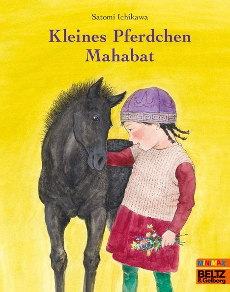 "Kleines Pferdchen Mahabat" steht in lila Schrift auf gelbem Hintergrund. Ein Kind streichelt ein schwarzes Pony.