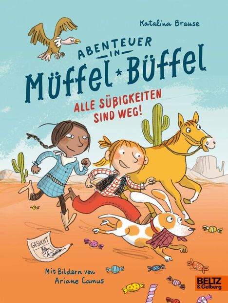 "Abenteuer in Müffel-Büffel. Alle Süßigkeiten sind weg!" Zwei Kinder und ein Hund rennen in einer Wüstenlandschaft.