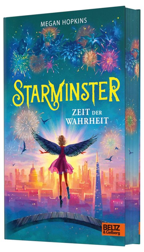 Text: "Megan Hopkins, Starminster, Zeit der Wahrheit, Beltz & Gelberg". Mädchen mit Flügeln über einer Stadt, Feuerwerk am Himmel.