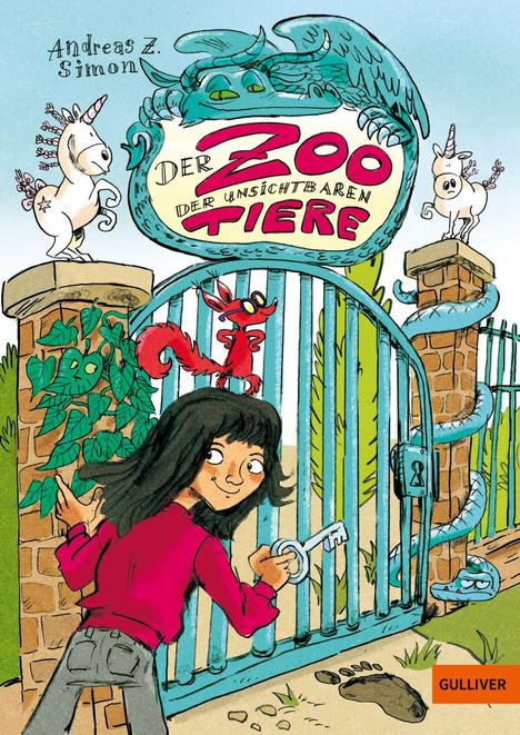 "Der Zoo der unsichtbaren Tiere" steht auf einem Schild. Eine Person mit Schlüssel vor einem Tor; Fabelwesen und Pflanzen.