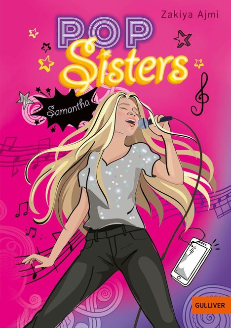 „POP Sisters“, „Samantha“, „Zakiya Ajmi“, „GULLIVER“. Illustration: Frau singt, rosa Hintergrund, Sterne, Musiknoten.