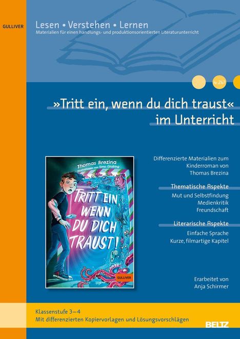 Tritt ein, wenn du dich traust. Ein Buchcover mit einem Jungen und Ozeantieren, farbenfroher Hintergrund.
