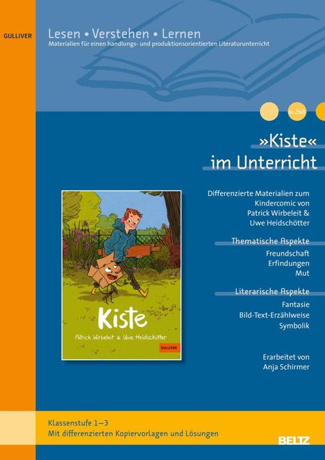 Text: "Lesen • Verstehen • Lernen", "Kiste im Unterricht", "Klassestufe 1–3". Illustration zeigt Kinder mit einer Kiste.