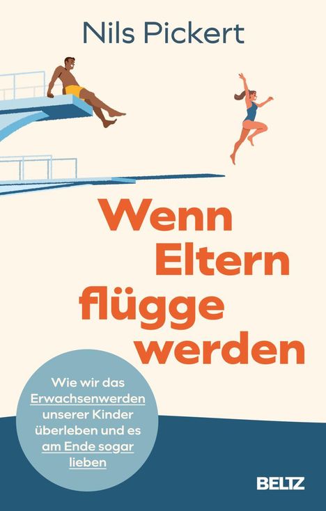 Titel: "Wenn Eltern flügge werden". Oben links ein Mann auf dem Sprungbrett, rechts eine springende Frau.