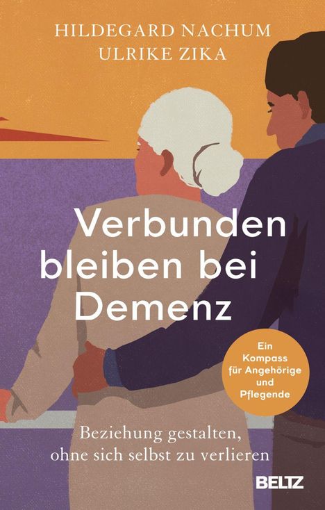 "Verbunden bleiben bei Demenz", ein älteres Paar, das sich umarmt, mit sanften Farben und einem orangefarbenen Kreis.