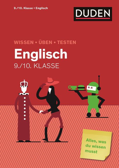 „Englisch 9./10. Klasse. Alles, was du wissen musst.” Illustration mit Figuren und Roboter in roter Umgebung.