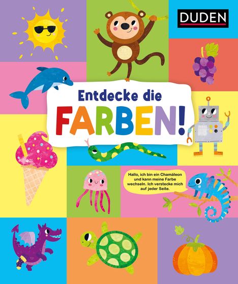 "Entdecke die FARBEN!" in bunten Buchstaben. Ein Affe, Roboter, Eisdiele, Delfin und bunte Tiere auf farbigem Hintergrund.