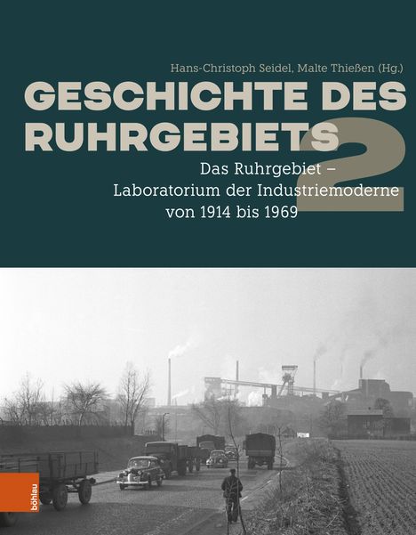 Oben steht "Geschichte des Ruhrgebiets 2". Darunter eine Szene mit Autos und einer Industrieanlage im Hintergrund.