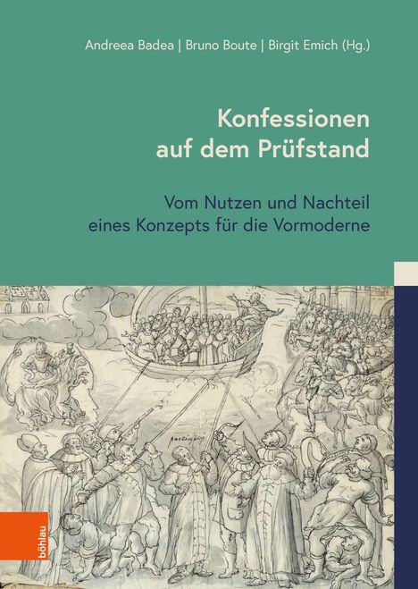 Oben: Andreea Badea, Bruno Boute, Birgit Emich; "Konfessionen auf dem Prüfstand". Darunter historische Illustration mit Menschen.