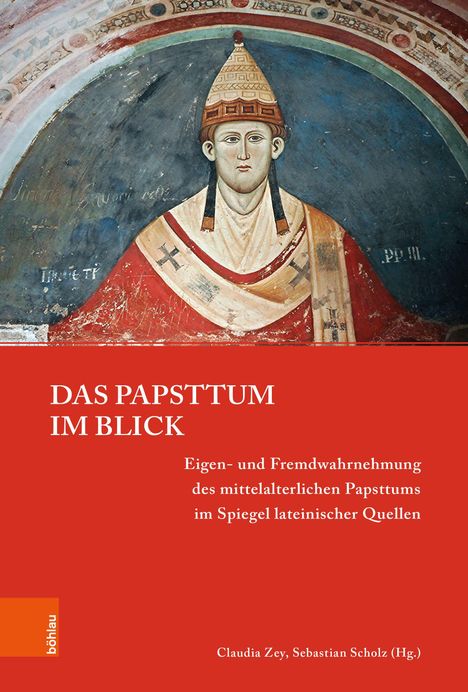 "Das Papsttum im Blick" in weißer Schrift auf rotem Hintergrund. Darunter ein Gemälde eines Papstes mit Tiara.