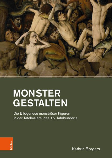 "MONSTER GESTALTEN" steht in Weiß vor einem Gemälde mit vielen schreienden Menschen und Monstern, gestaltet von Kathrin Borgers.