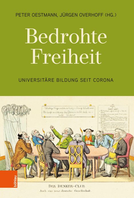 "Bedrohte Freiheit: Universitäre Bildung seit Corona." Illustration von diskutierenden Personen am Tisch, mit Texten.
