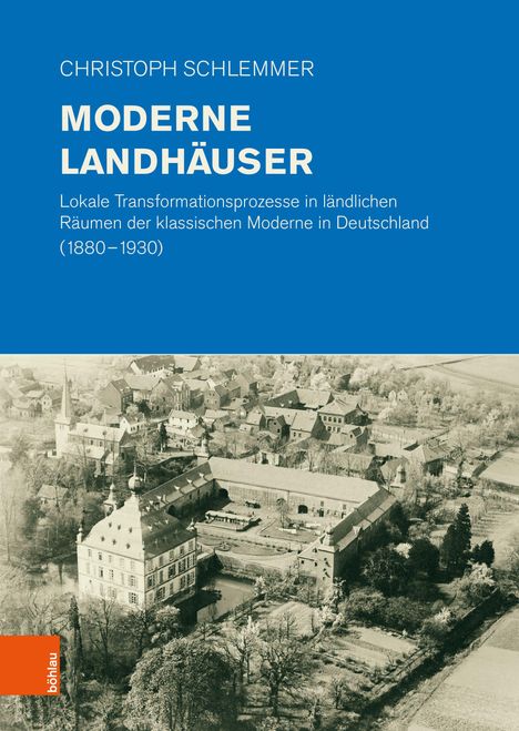 Titel: "MODERNE LANDHÄUSER". Autor: Christoph Schlemmer. Historische Luftaufnahme eines Dorfes mit Landhäusern.