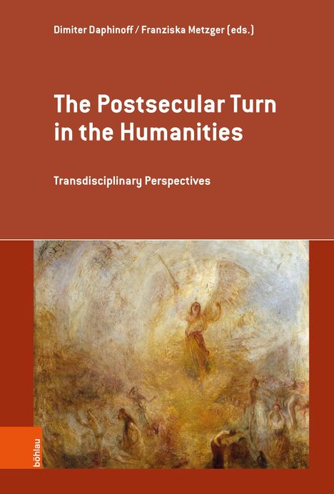 "Dimiter Daphinoff / Franziska Metzger (eds.). The Postsecular Turn in the Humanities. Transdisciplinary Perspectives." Darunter ein Gemälde mit Engeln und unscharfen Figuren in warmen Tönen.